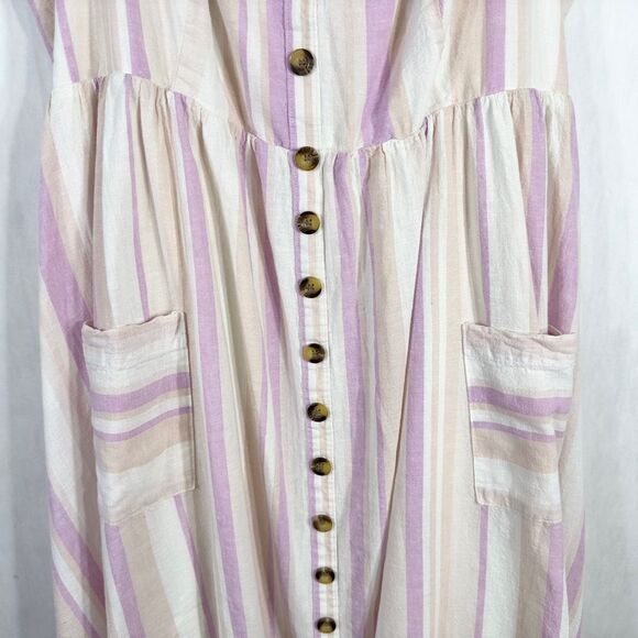 Torrid Plus Size 2X Dress‎ Midi Linen Button Front Dress Pink White Pockets 1289 - Picture 5 of 10